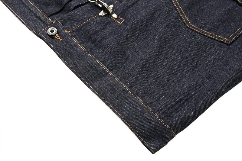 Men's Dark Indigo Denim Jacket with Metal Buckle Pleated Front Detail