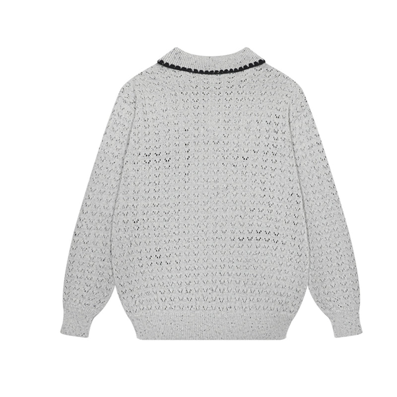 Cat Jacquard Polo Collar Openwork Knit Sweater – Unisex Korean Style