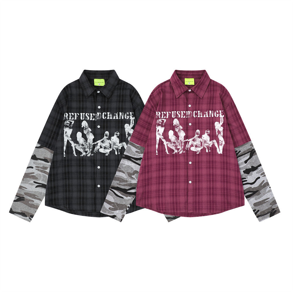 Men's oversized plaid and camo splice long sleeve button-up shirt with distressed figure graphic print on chest, shown in bla