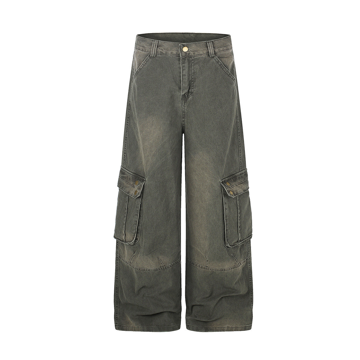 Wide-Leg Cargo Jeans – Washed Denim, Straight-Fit with Multi-Pocket Detail
