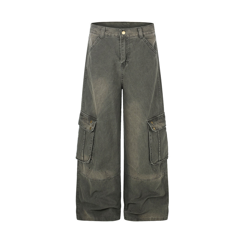 Wide-Leg Cargo Jeans – Washed Denim, Straight-Fit with Multi-Pocket Detail