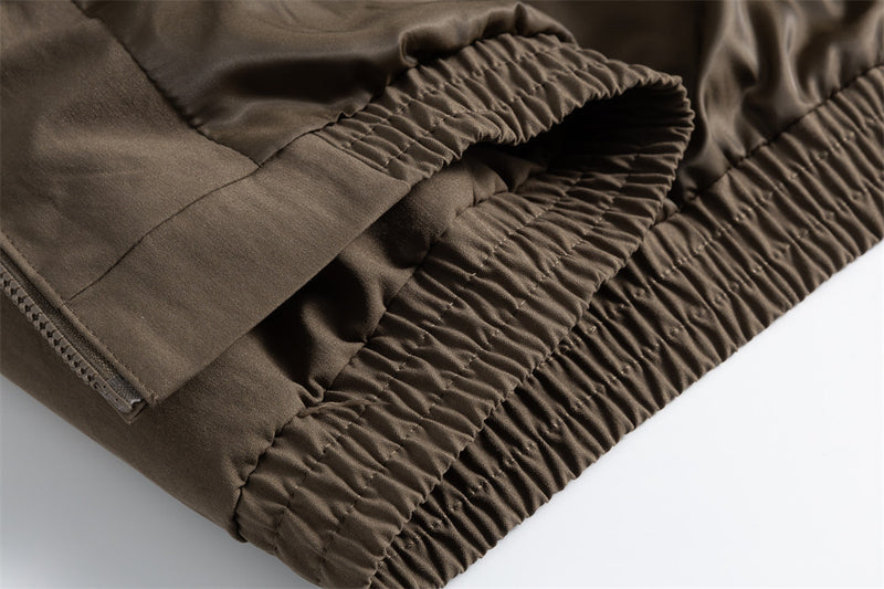 Men's Pleated Bomber Jacket with PU Leather Collar — Relaxed Fit Workwear Flight