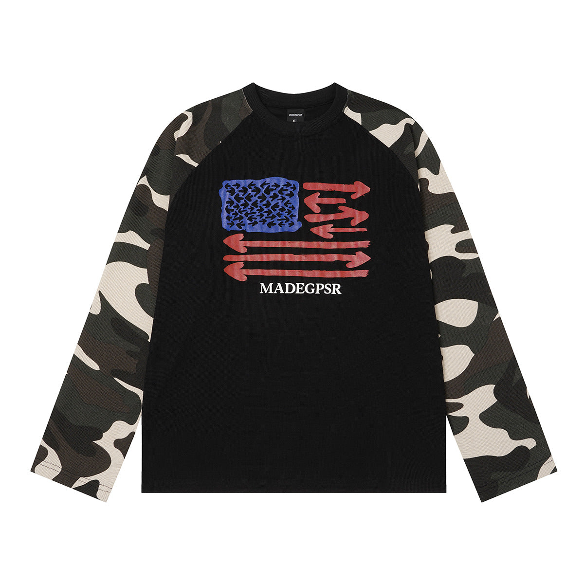 Camouflage-Raglan-Langarmshirt – Pfeilflaggen-Print, Rundhalsausschnitt