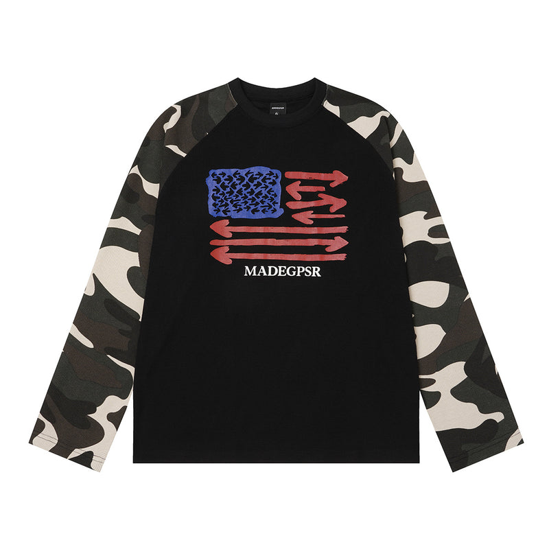 Camouflage-Raglan-Langarmshirt – Pfeilflaggen-Print, Rundhalsausschnitt