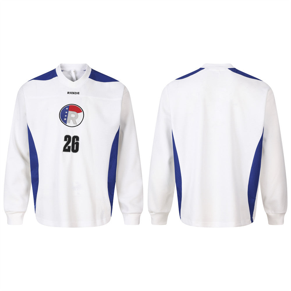 White long sleeve V-neck sports jersey with blue shoulder and side panels, front and back view