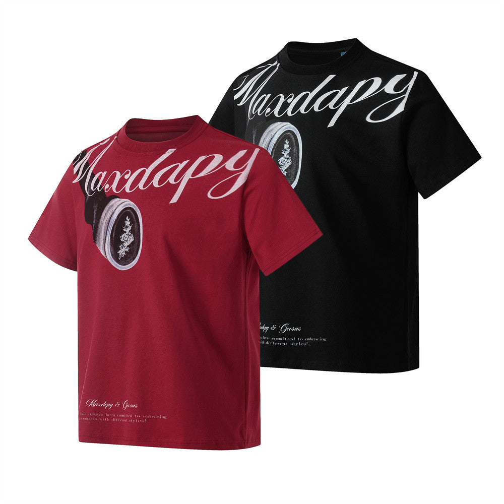 Oversized streetwear graphic T-shirt with Maxdapy script logo print in black and burgundy red