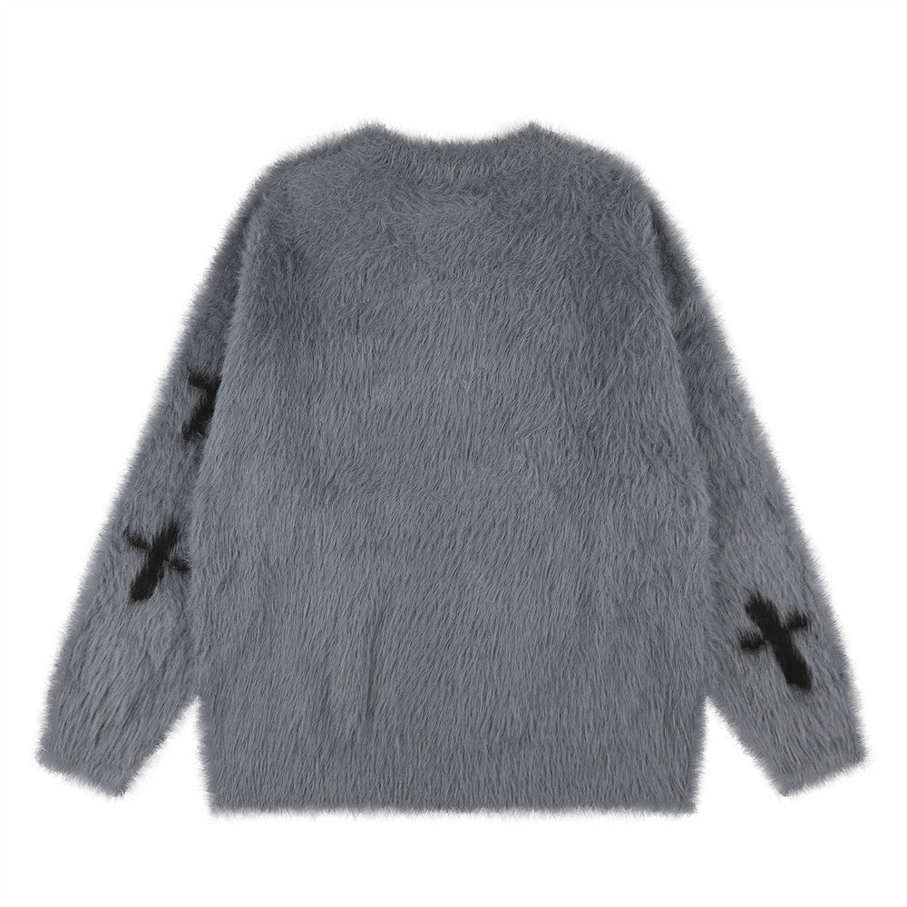 Pull homme oversize en maille jacquard croix duveteuse – Pull gothique à col rond