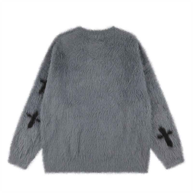 Pull homme oversize en maille jacquard croix duveteuse – Pull gothique à col rond