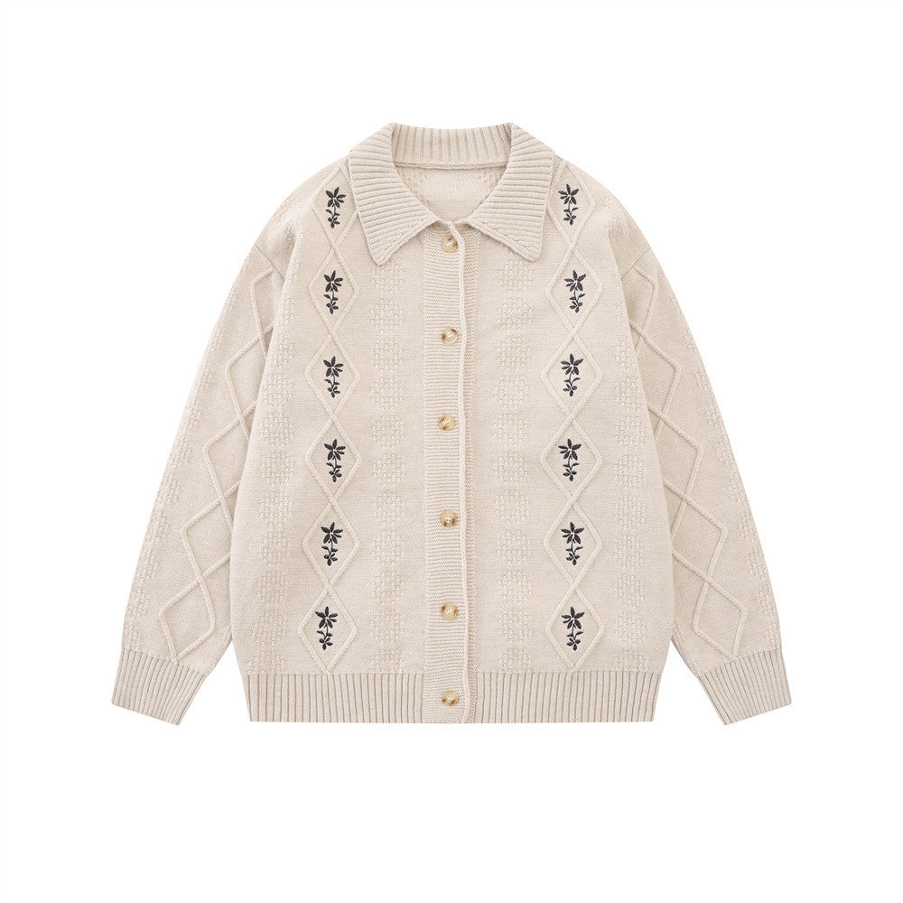 Cardigan en maille brodé de fleurs – Jacquard losanges boutonné