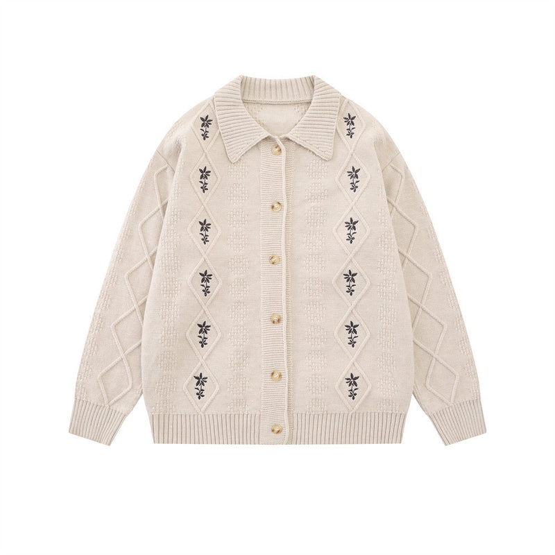Cardigan en maille brodé de fleurs – Jacquard losanges boutonné