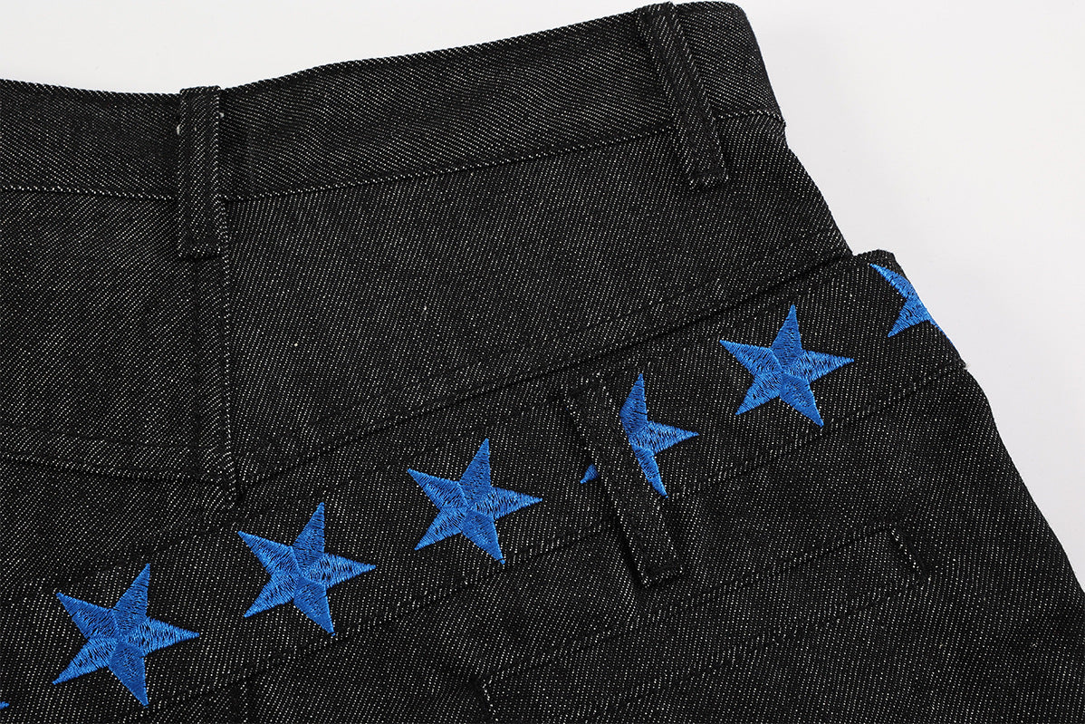 Wide Leg Jeans with Star Embroidery & Diagonal Waistband — Black Raw Denim