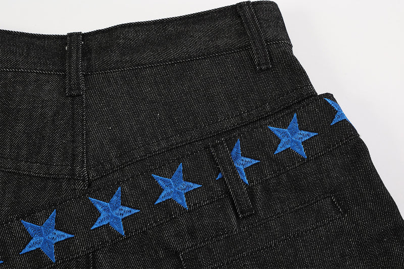Wide Leg Jeans with Star Embroidery & Diagonal Waistband — Black Raw Denim