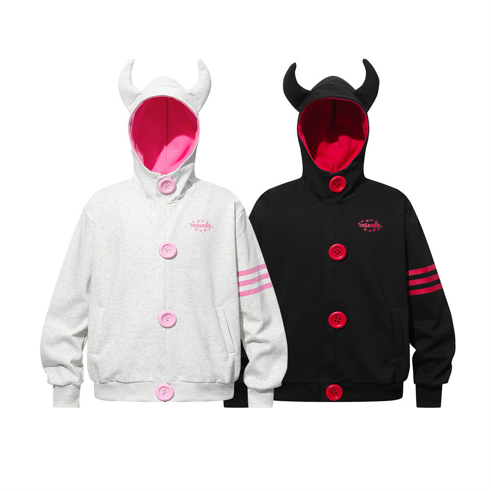 Demon Horn Hoodie – Oversized Button-Front Sweatshirt with 3-Stripe Sleeve
