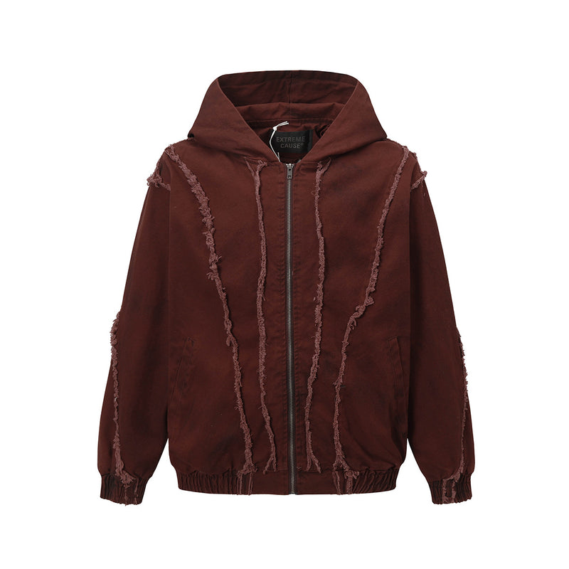 Men's Washed Distressed Zip-Up Hooded Jacket with Raw-Edge Patchwork
