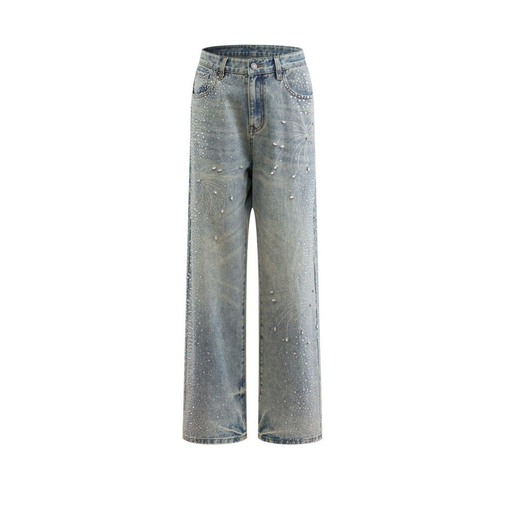 Men's Straight Leg Jeans with All-Over Rhinestone Embellishment – Wide Leg