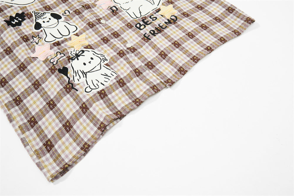 Cartoon Cat & Dog Patch Embroidery Plaid Short Sleeve Shirt