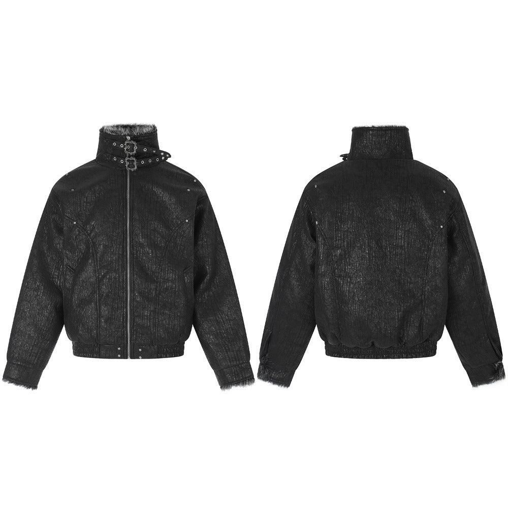 Chaqueta bomber punk oversize – Ribete de pelo sintético, cuello con tira y acolchado cálido