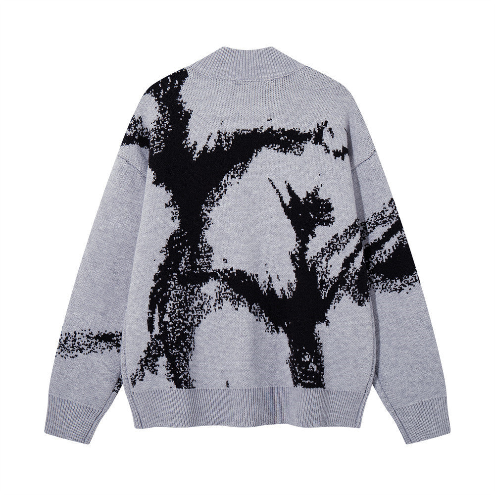Ink-Splash-Strick-Cardigan mit Reißverschluss – Oversized-Stehkragen