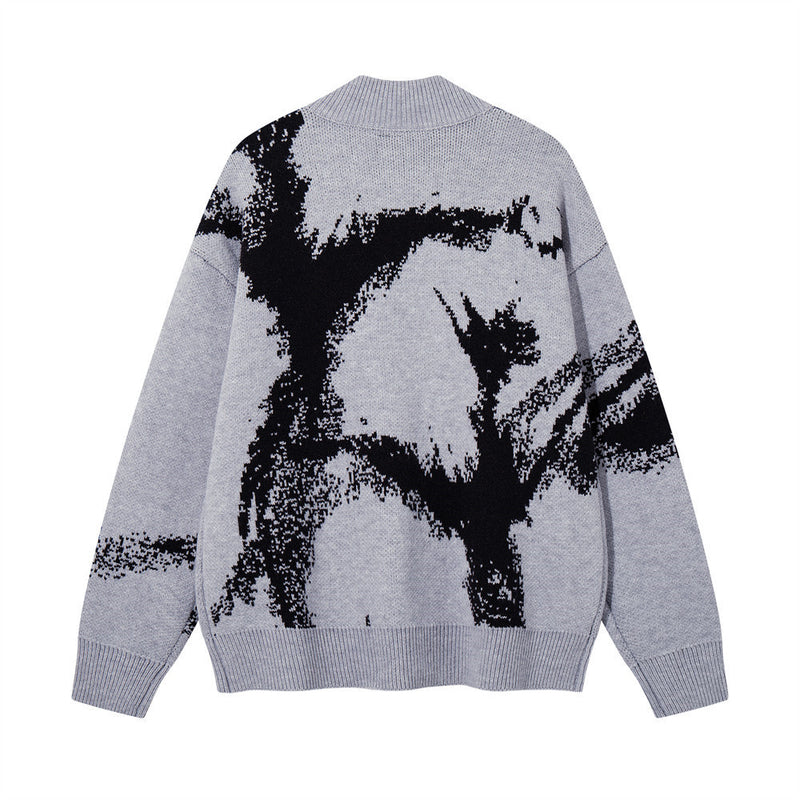 Ink-Splash-Strick-Cardigan mit Reißverschluss – Oversized-Stehkragen
