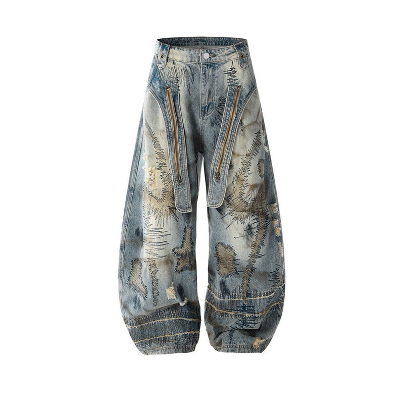 Baggy Wide-Leg Jeans – Chaotic Embroidery, Distressed Denim & Arc-Hem Design
