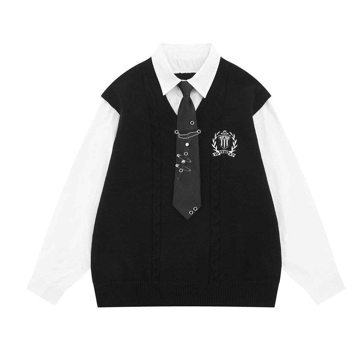 Cable Knit Sweater Vest Layered Shirt with Tie – Collegiate Preppy Style