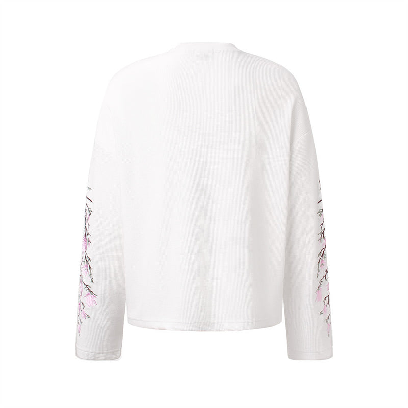 Mens Embroidered T Shirt – Floral Cherry Blossom Long Sleeve Crew Neck
