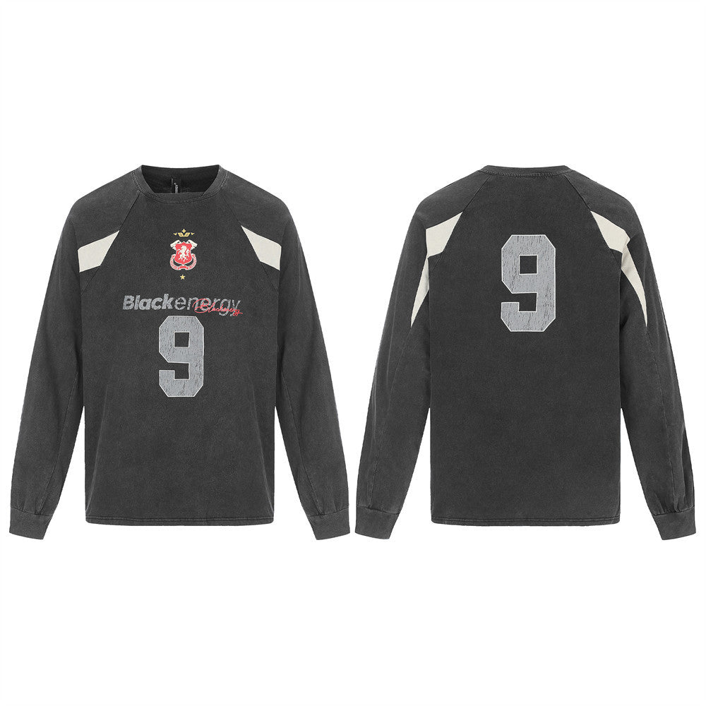Men's washed black long-sleeve soccer jersey shirt with number 9 graphic print and cream contrast shoulder panels, front and