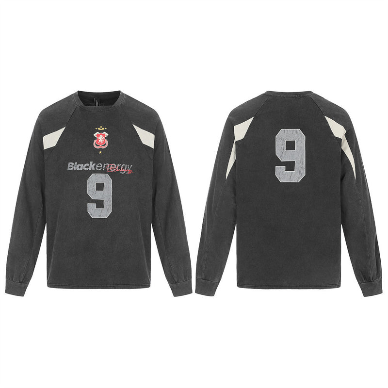 Men's washed black long-sleeve soccer jersey shirt with number 9 graphic print and cream contrast shoulder panels, front and
