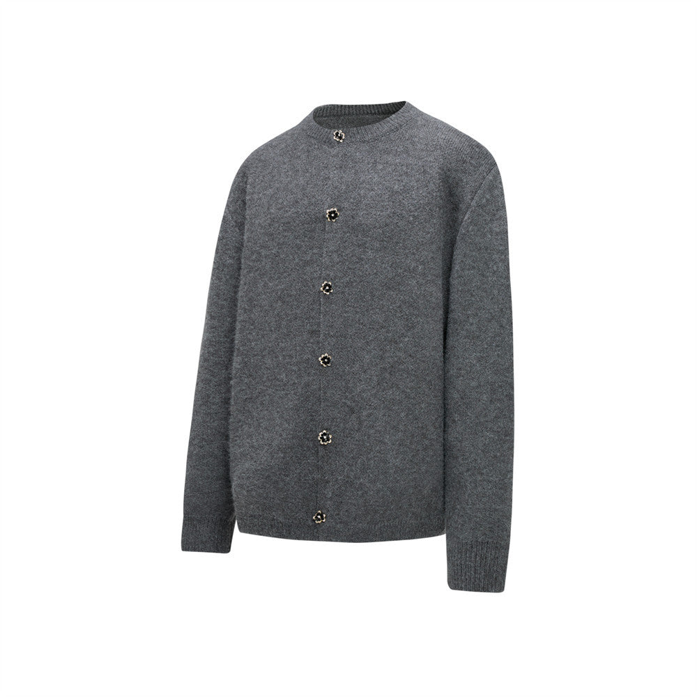 Men's Crewneck Knit Cardigan Sweater with Floral Buttons
