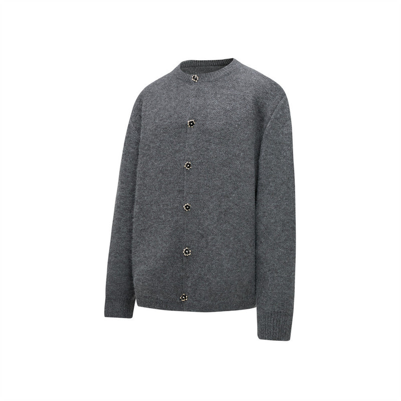 Men's Crewneck Knit Cardigan Sweater with Floral Buttons
