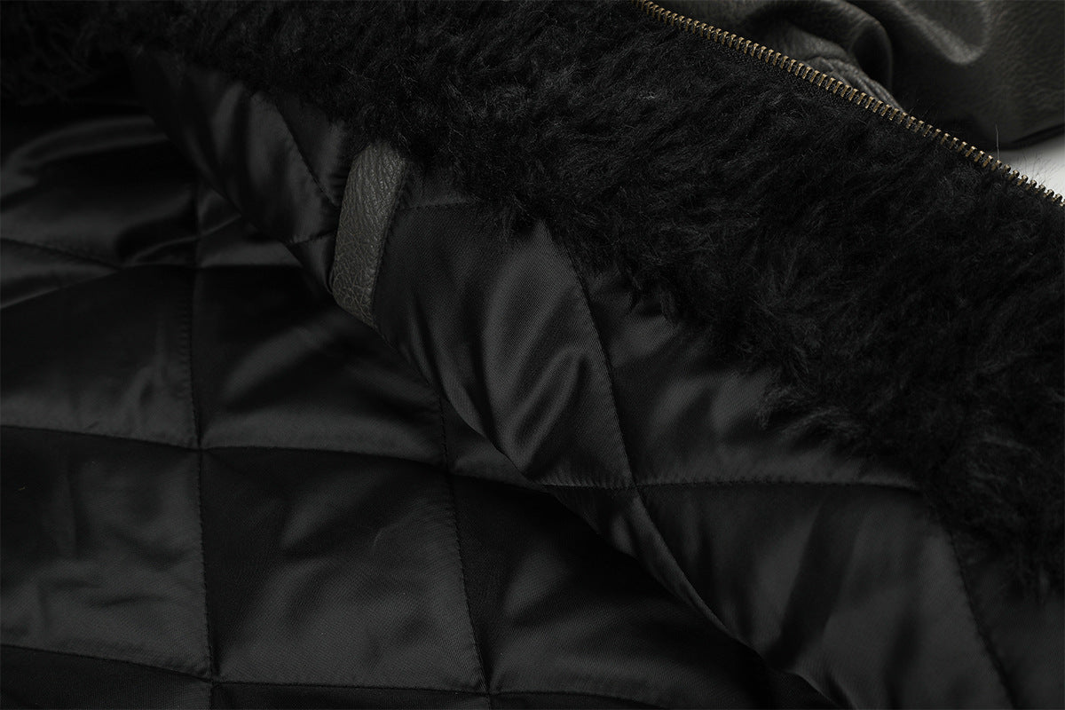 Leather Jacket Fur Collar Studded Hooded Bomber Jacket with Fleece Lining