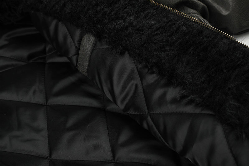 Leather Jacket Fur Collar Studded Hooded Bomber Jacket with Fleece Lining