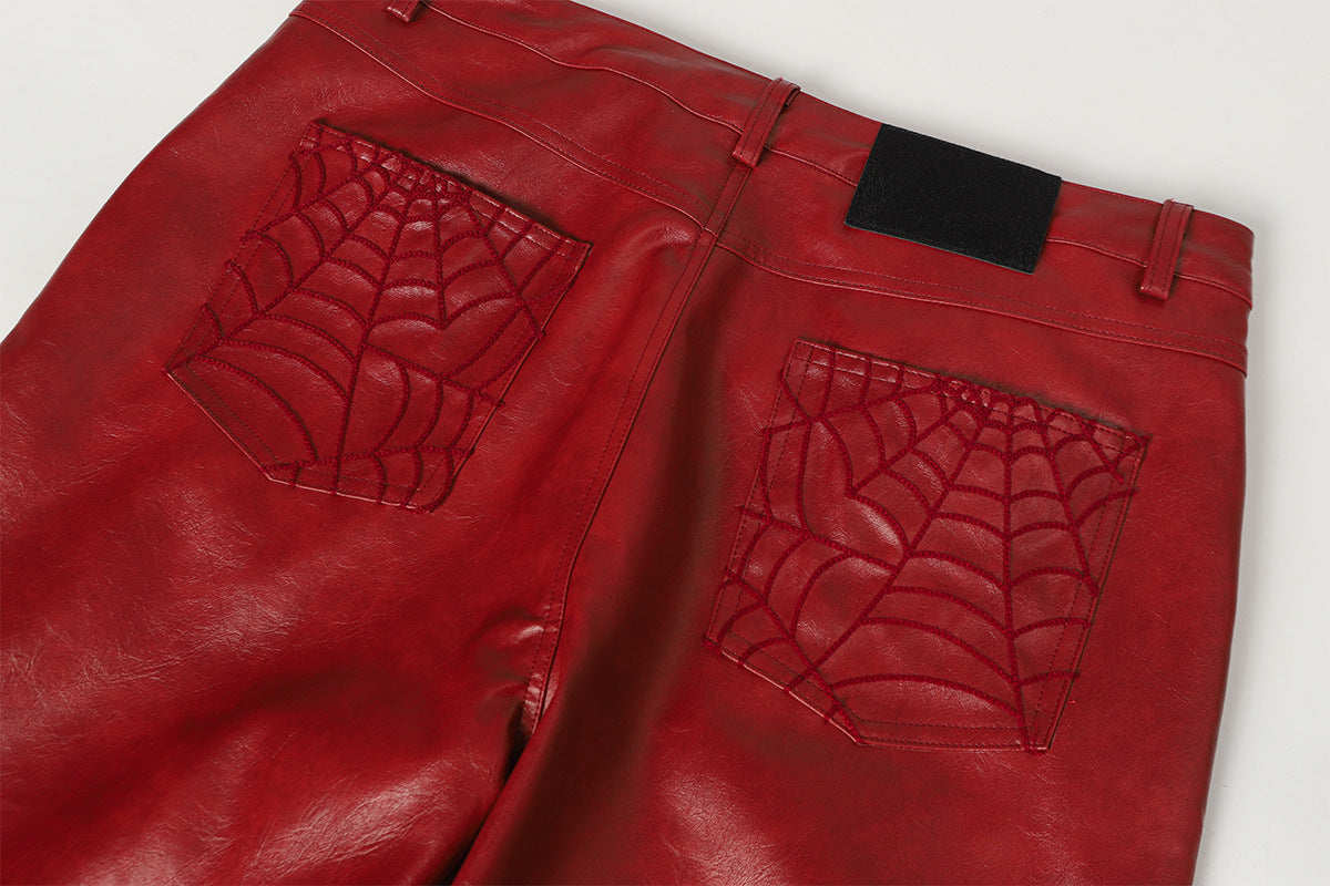 Wide-Leg Faux Leather Pants with Spiderweb Embossed Panels