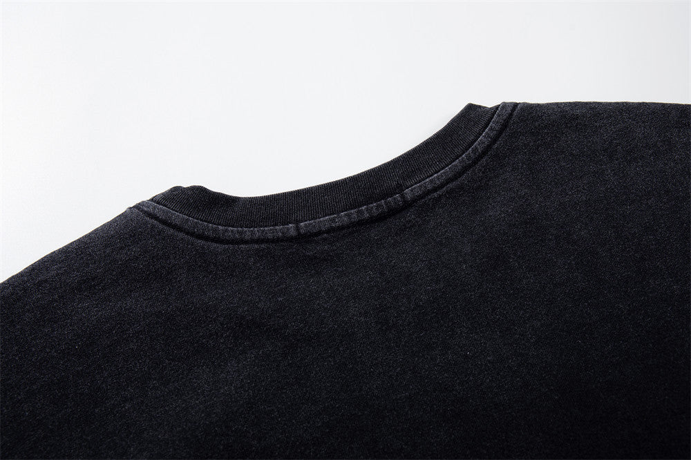 Long Sleeve Graphic Tee – AWS Eternal 1996 Circle Print, Distressed Washed Black
