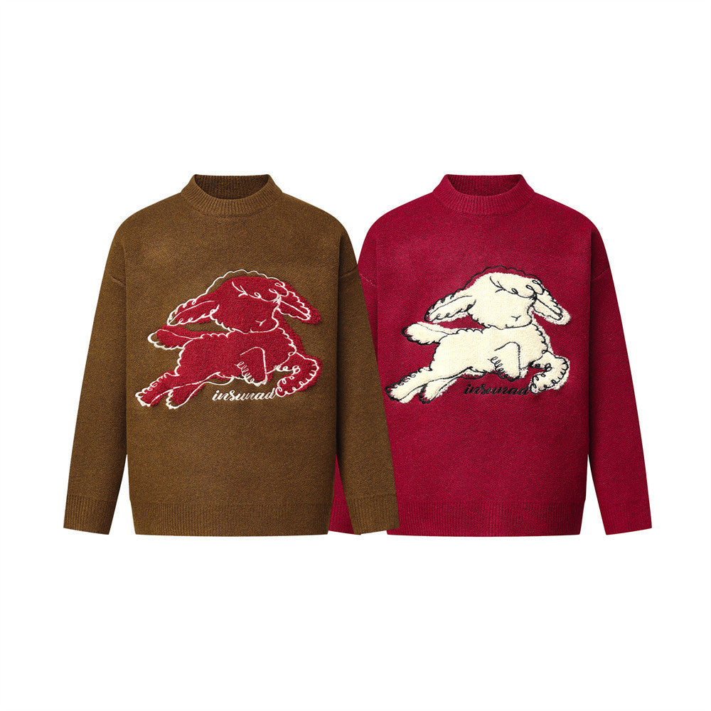Men's Mock Neck Sweater with Lamb Flocked Graphic – Relaxed Fit Knit