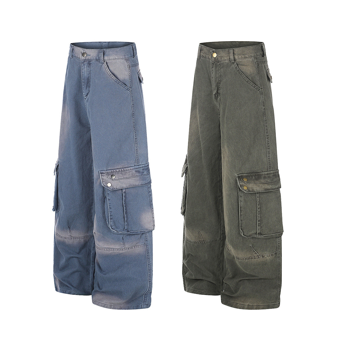 Wide-Leg Cargo Jeans – Washed Denim, Straight-Fit with Multi-Pocket Detail