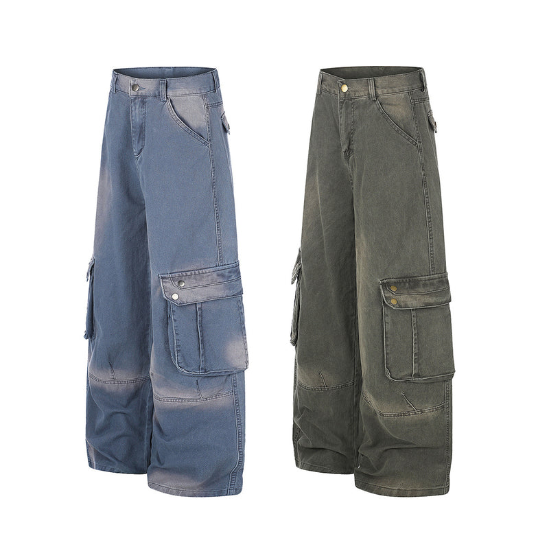 Wide-Leg Cargo Jeans – Washed Denim, Straight-Fit with Multi-Pocket Detail