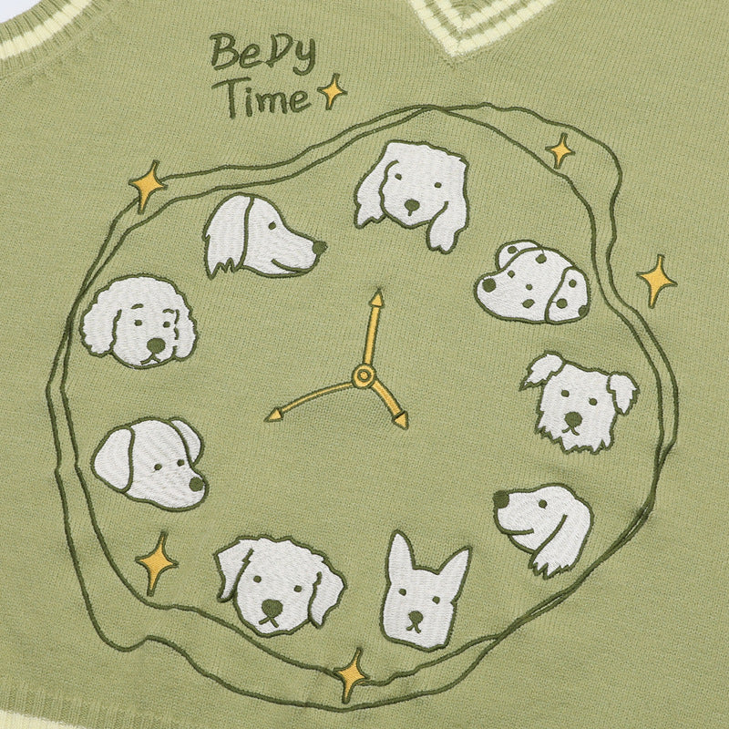 V-Neck Sweater Vests – Cute Dog Clock Jacquard Knit Preppy Style