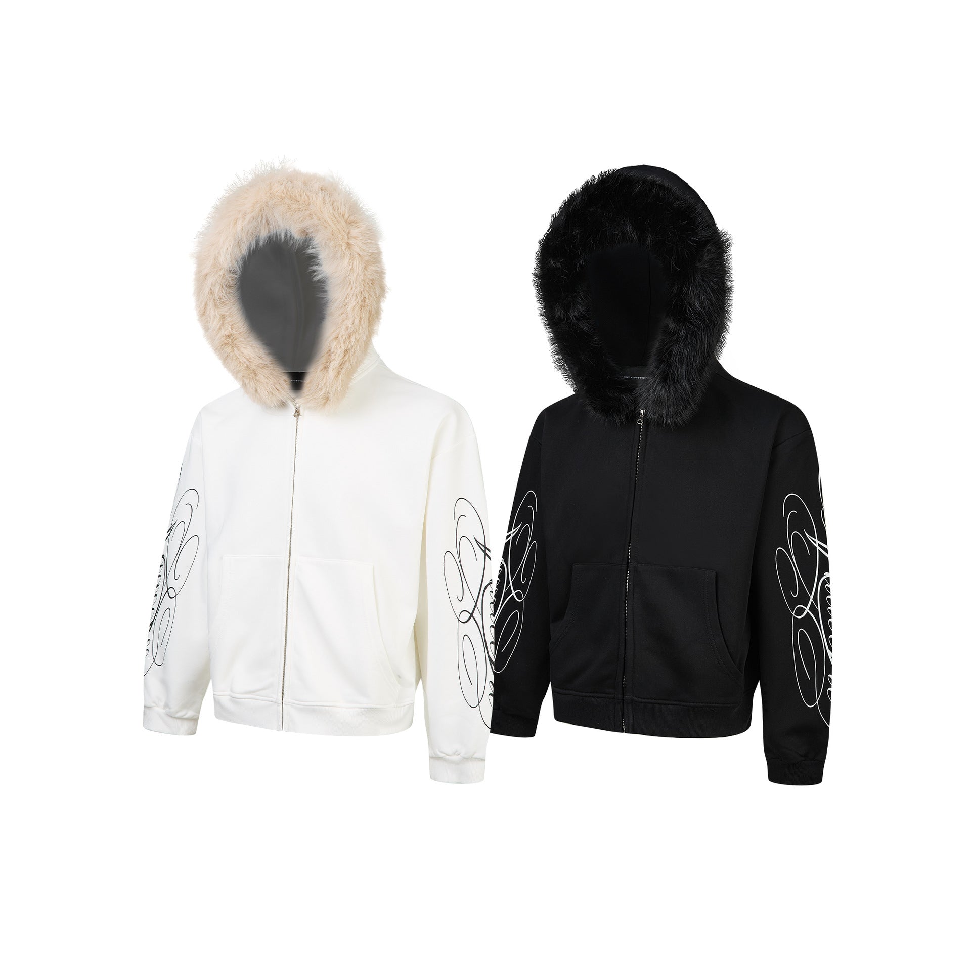Sweat à capuche zippé avec bordure en fausse fourrure et imprimé script sur les manches