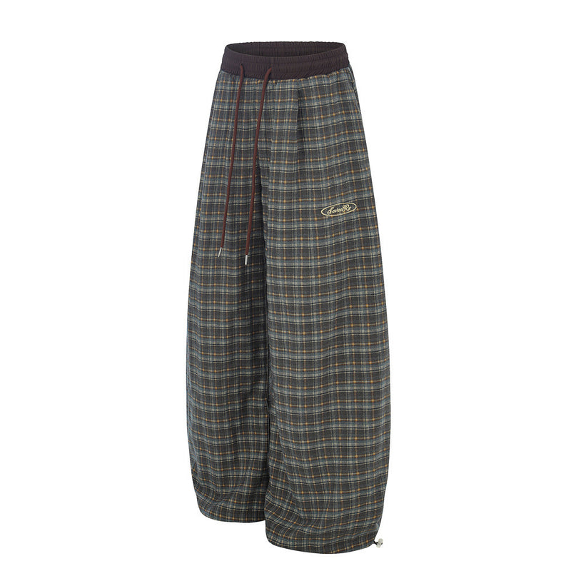 Vintage Plaid Wide-Leg Pants – Oversized Baggy Trousers with Elastic Waist