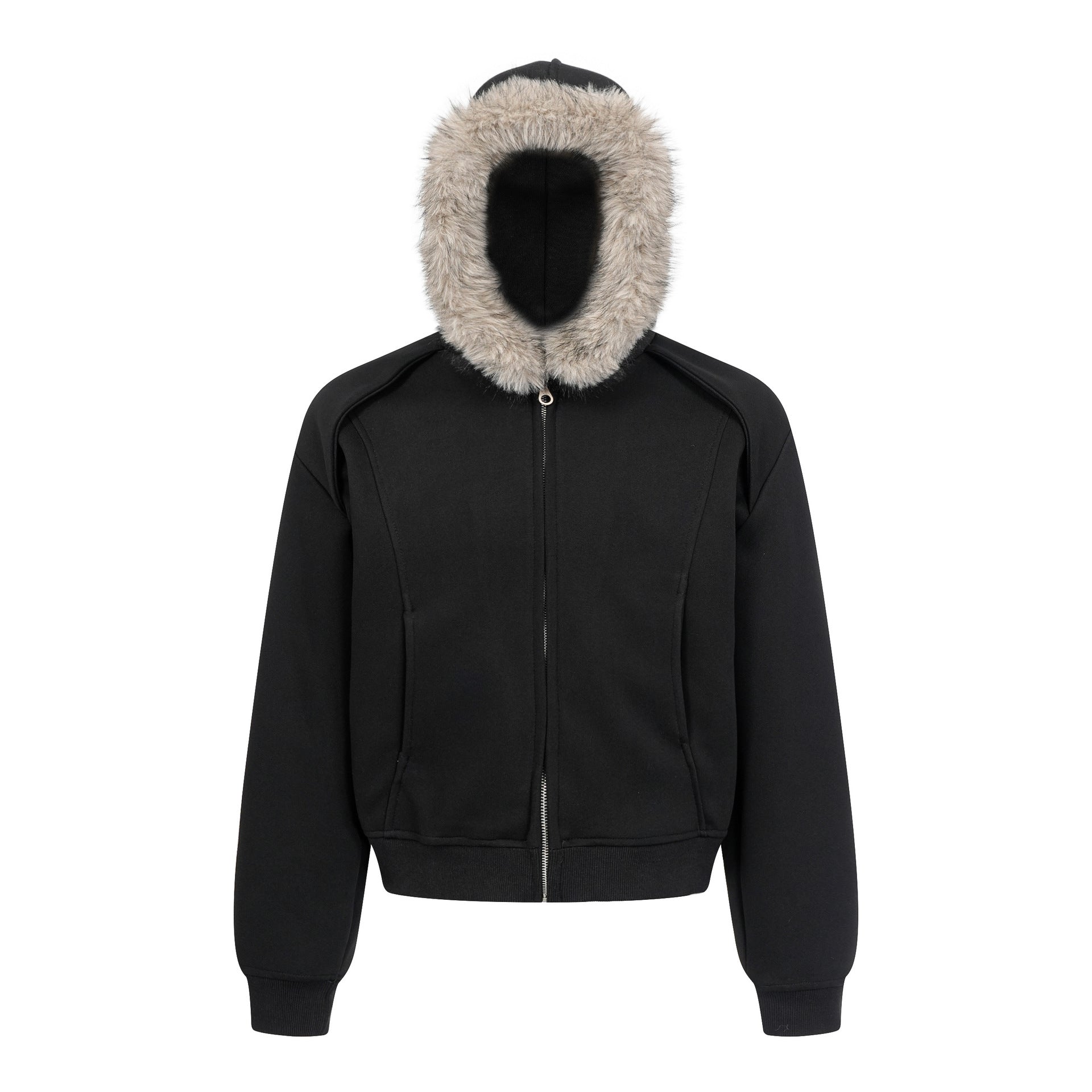 Faux Fur Hood Trim Zip-Up Hoodie Bomber Jacket – Oversized Streetwear Fit