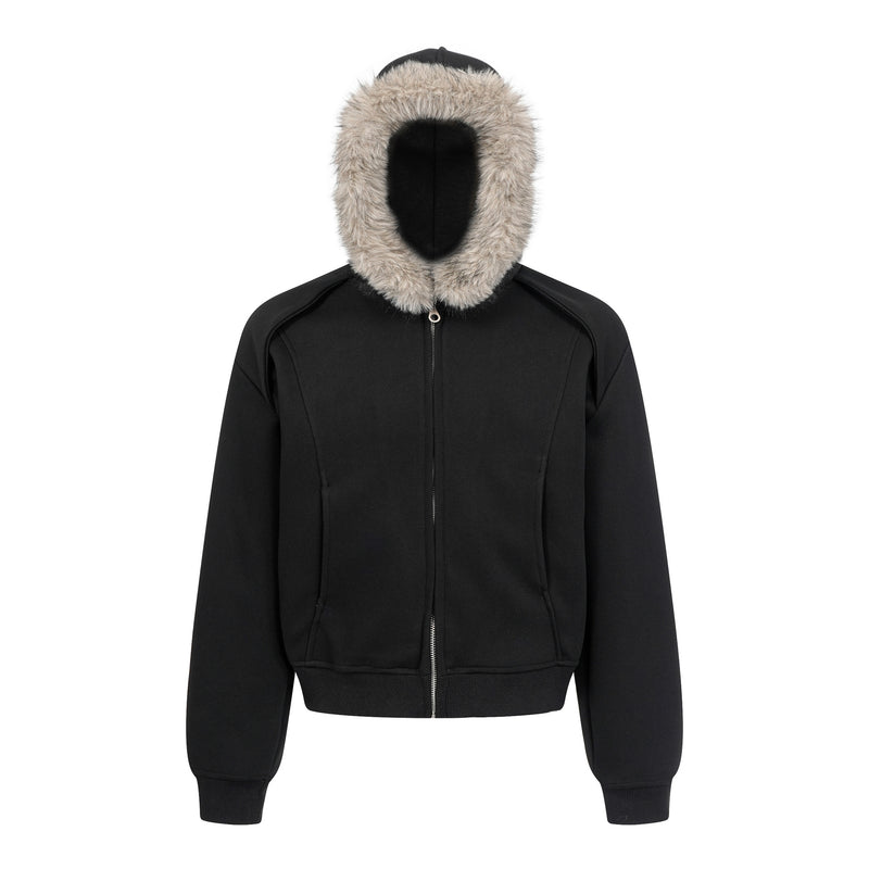 Faux Fur Hood Trim Zip-Up Hoodie Bomber Jacket – Oversized Streetwear Fit