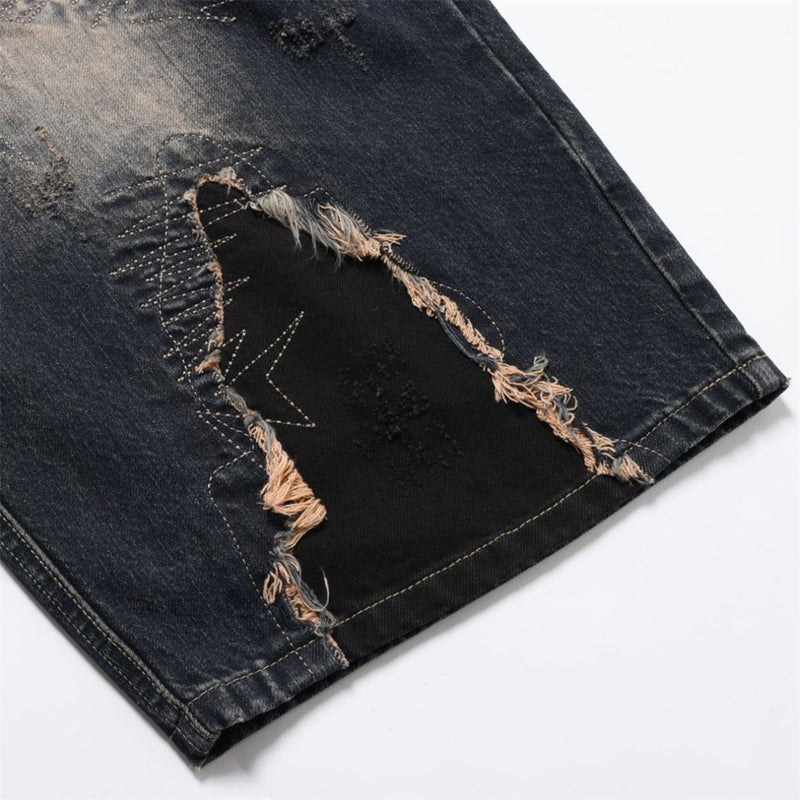 Distressed Patchwork Wide-Leg Jeans – Baggy Ripped Denim with Washed Finish