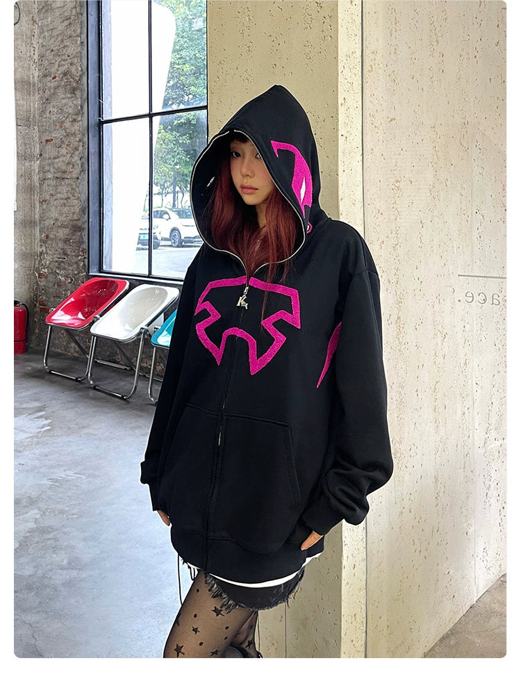 Futuristic Warrior Hoodie - 400GSM Oversized Sci-Fi Pink and Black Zip-Up Sweatshirt