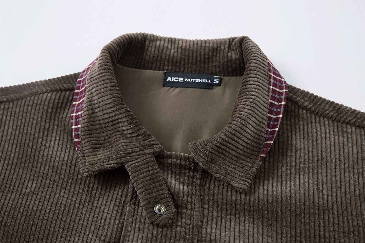 Corduroy Boxy Jacket with Plaid Contrast Lining – Retro American Style