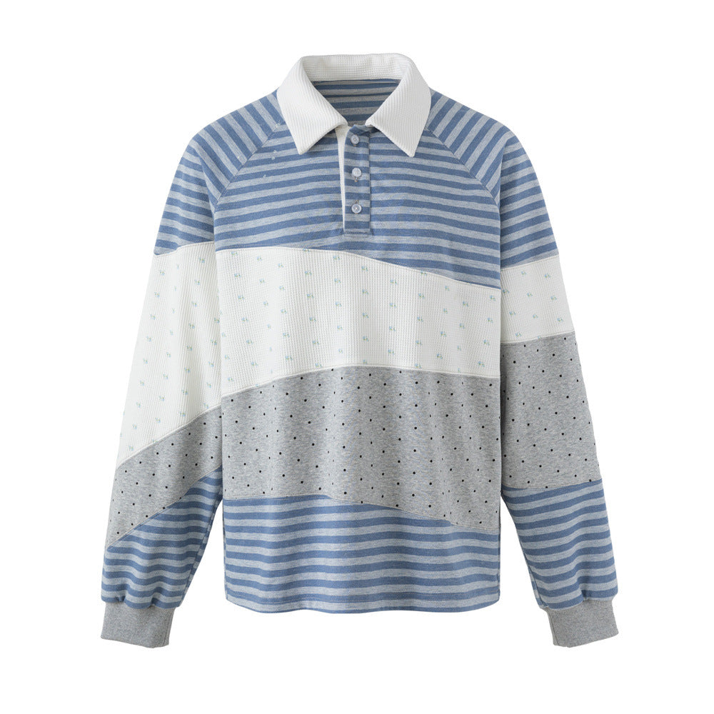 Long Sleeve Polo Shirt Patchwork Striped Color-Block Oversized Top