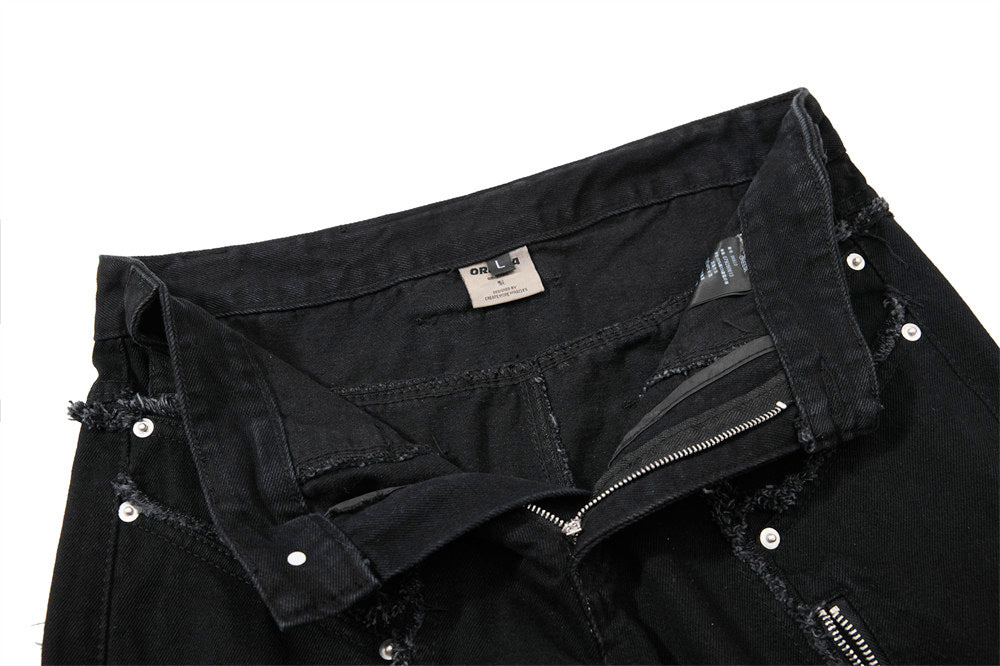 Black Wide-Leg Deconstructed Jeans – Zipper Detail & Raw-Edge Patchwork