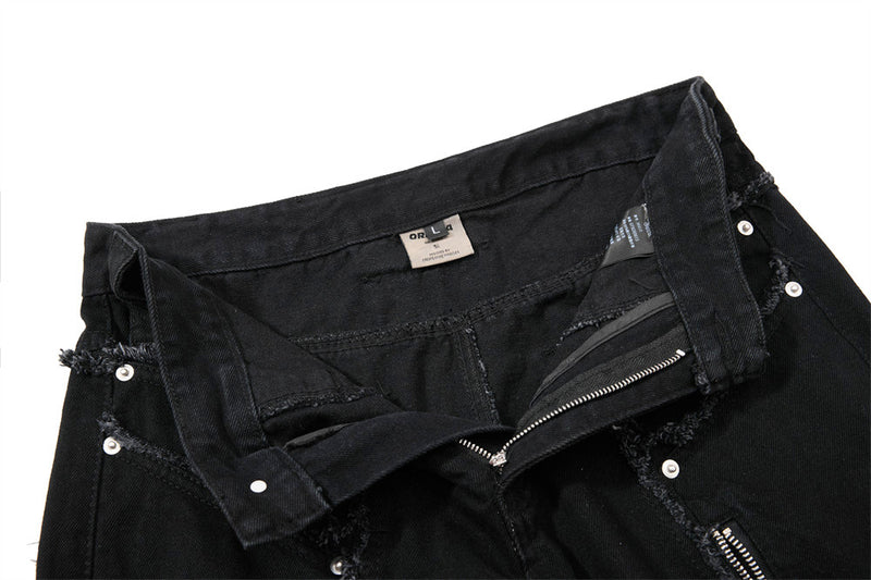 Black Wide-Leg Deconstructed Jeans – Zipper Detail & Raw-Edge Patchwork