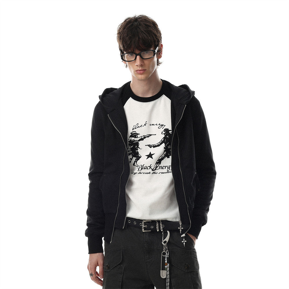 Black zip-up hoodie jacket worn open over a white graphic T-shirt