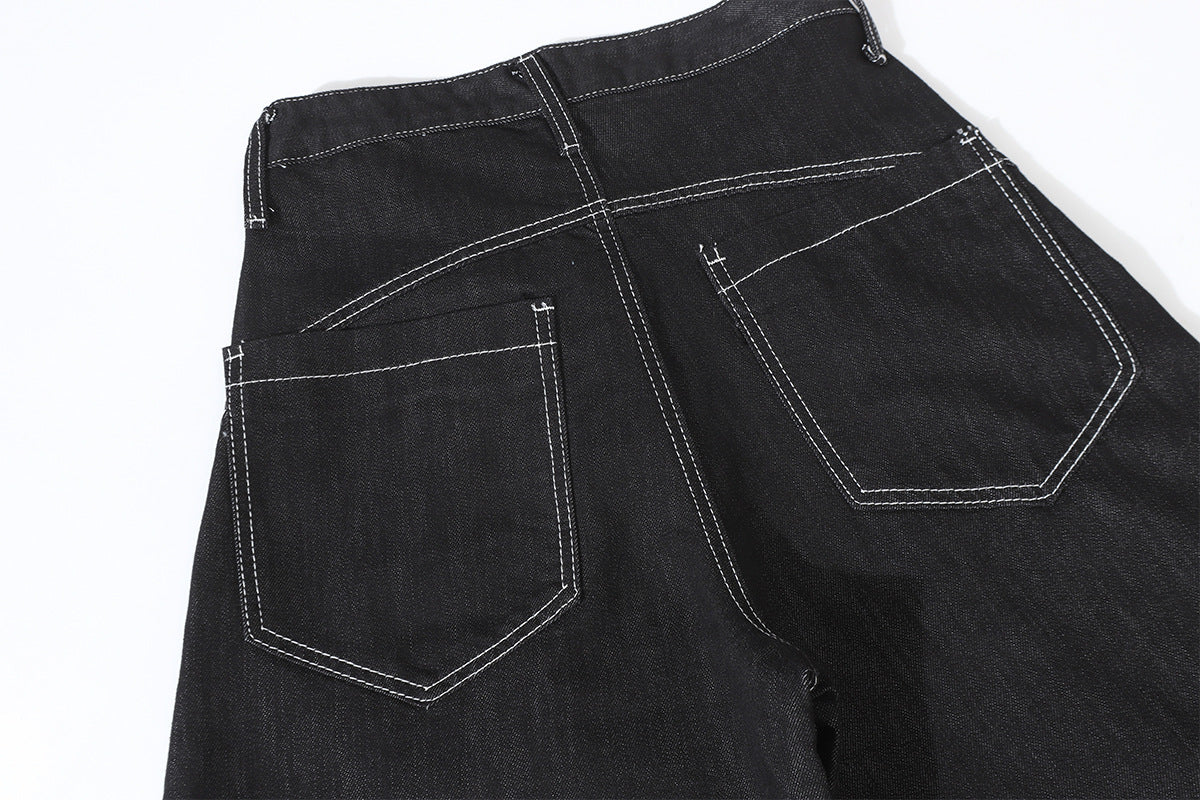 Wide-Leg Baggy Black Jeans with Safety Pin Closures – Streetwear Barrel Fit